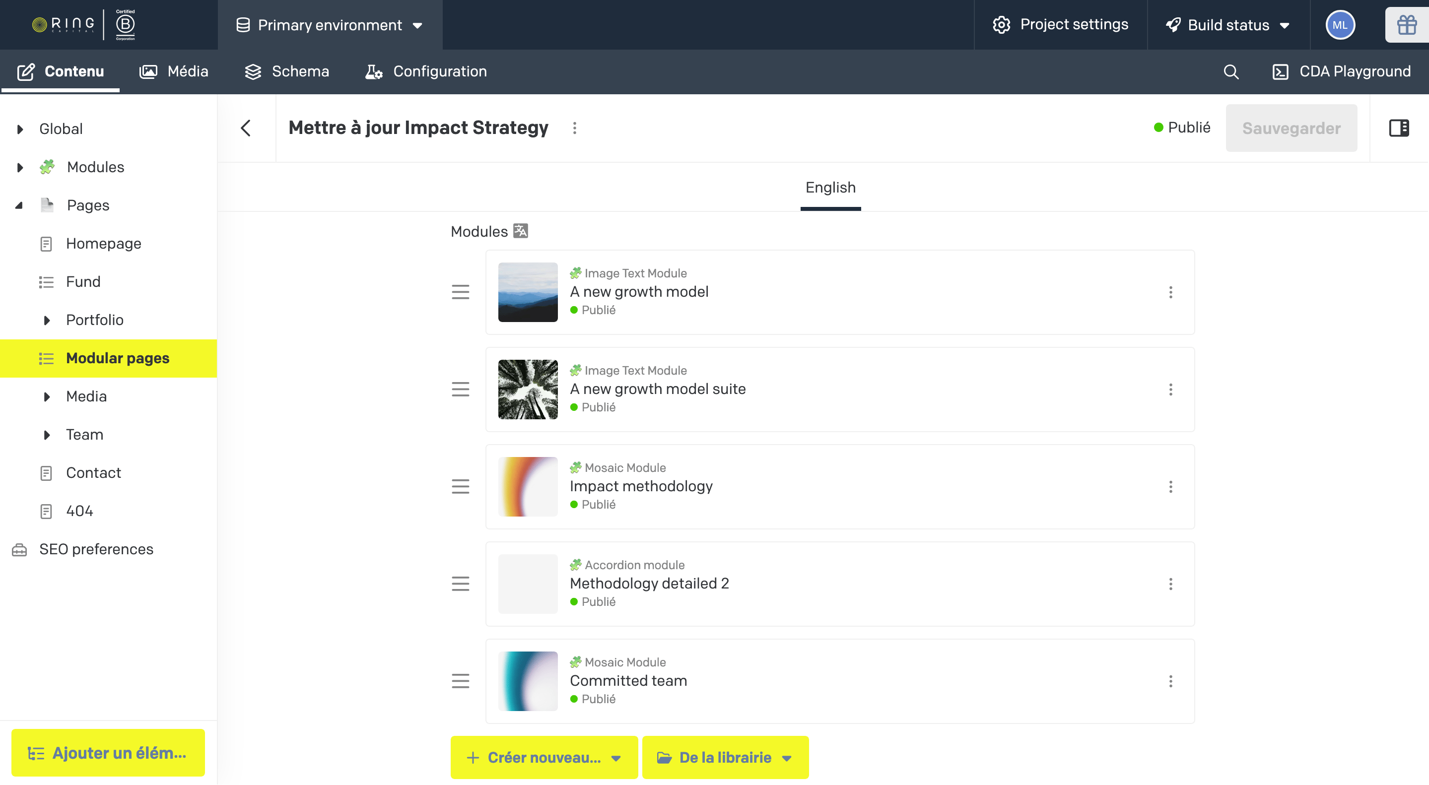 A screenshot of a modular page on Ring's DatoCMS dashboard